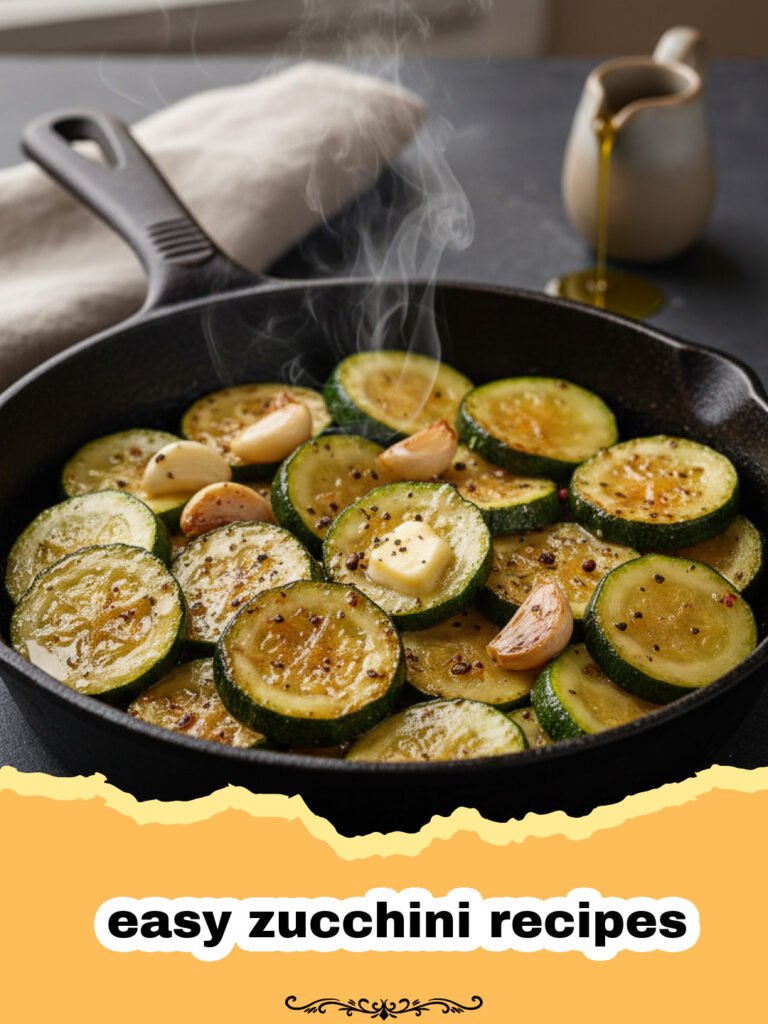 The Ultimate Easy Garlic Parmesan Sautéed Zucchini 5 easy zucchini recipes - Close-up of golden brown garlic parmesan sautéed zucchini in a cast iron skillet, garnished with fresh parsley.