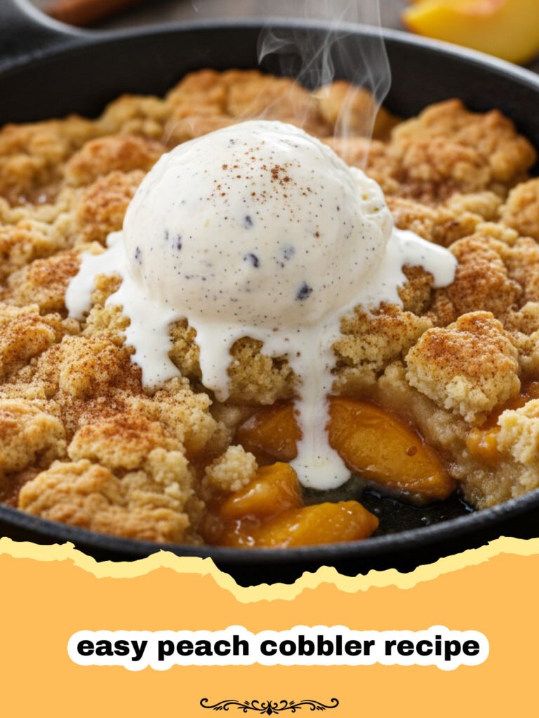 easy peach cobbler recipe - A warm, golden easy peach cobbler with a bubbly fruit filling, served with a scoop of melting vanilla ice cream.