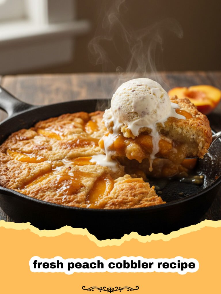 fresh peach cobbler recipe - A golden-brown classic fresh peach cobbler in a baking dish, with juicy peaches bubbling through the topping, served with a scoop of vanilla ice cream.