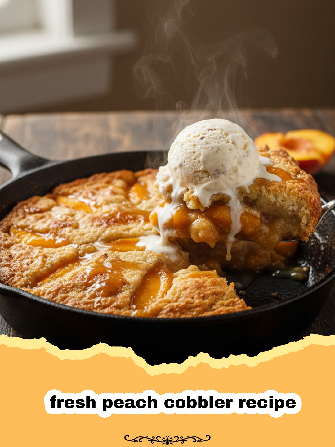 fresh peach cobbler recipe - A golden-brown classic fresh peach cobbler in a baking dish, with juicy peaches bubbling through the topping, served with a scoop of vanilla ice cream.