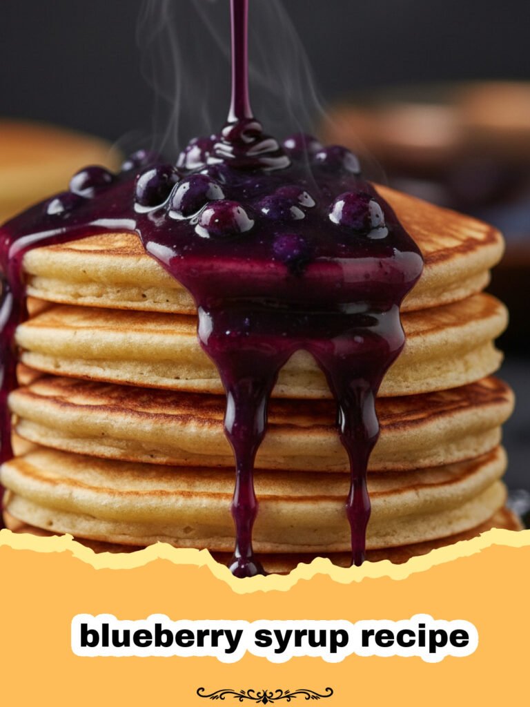 blueberry syrup recipe - A jar of vibrant homemade blueberry syrup next to a stack of pancakes with fresh blueberries.