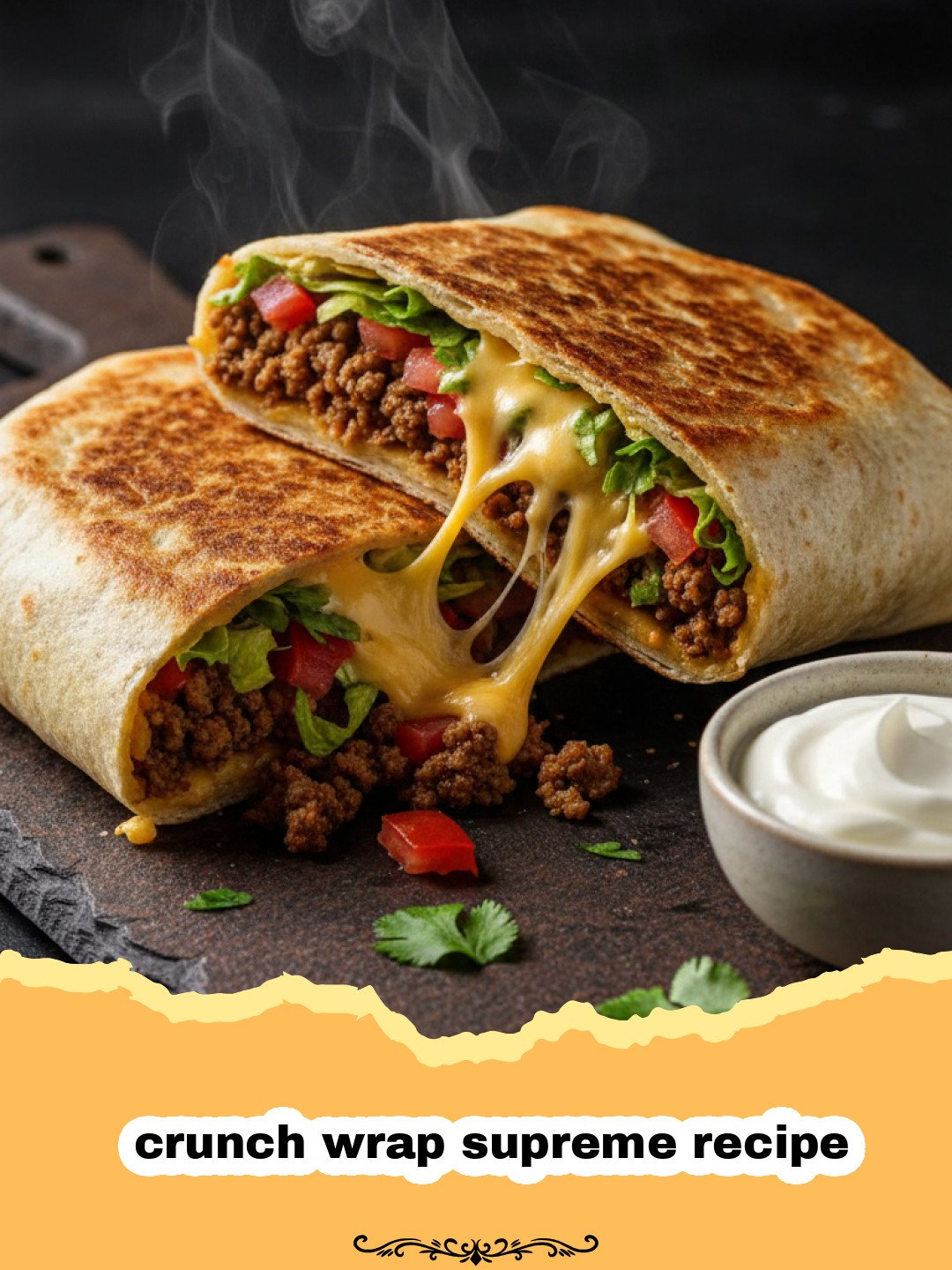 The Ultimate Homemade Crunchwrap Supreme: Better Than the Drive-Thru! 3 crunch wrap supreme recipe - A perfectly grilled homemade Crunchwrap Supreme, sliced in half to show the layered filling with seasoned beef, crispy tostada, and fresh vegetables.