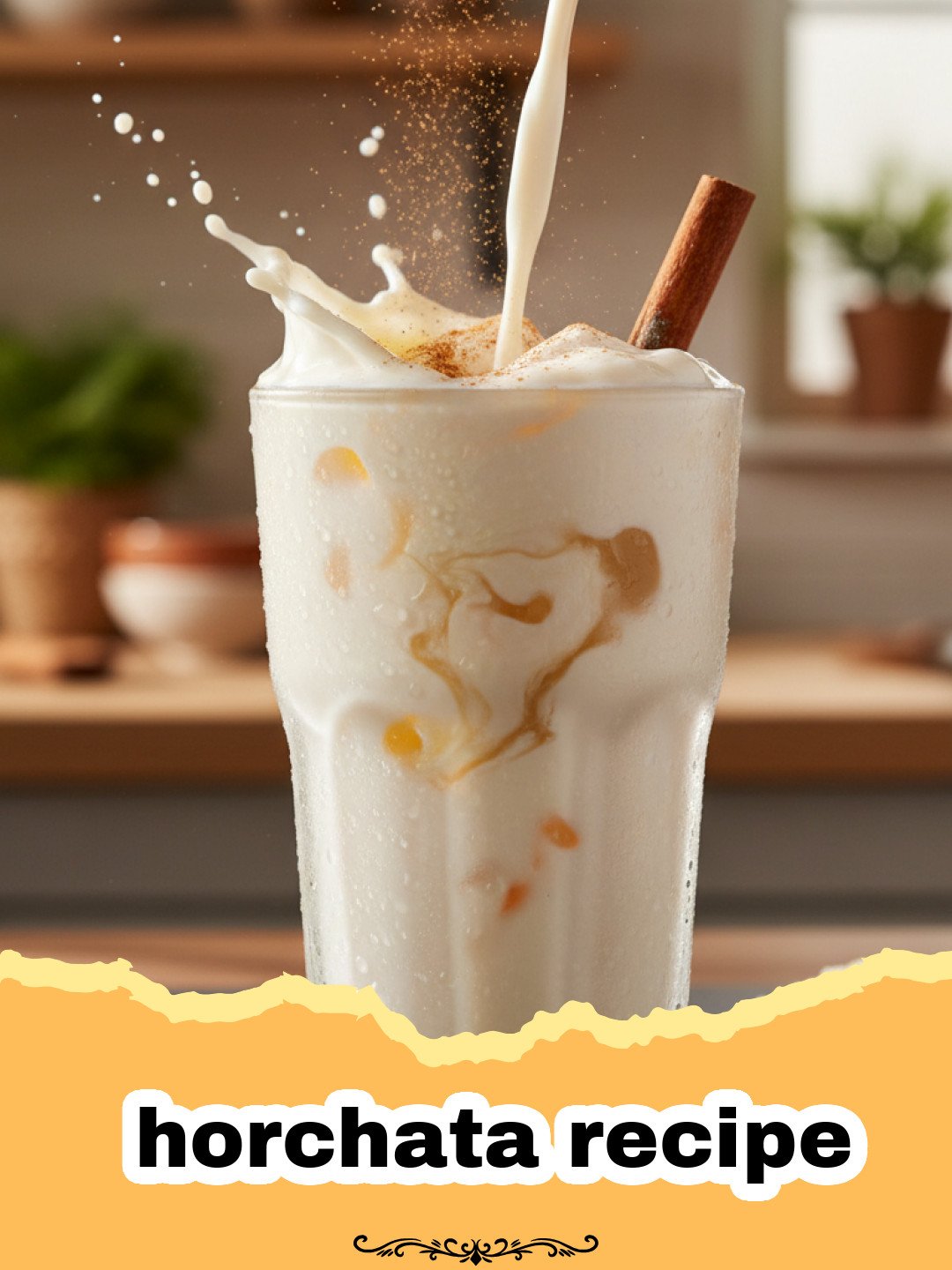 horchata recipe - A glass of creamy white horchata with ice and a cinnamon stick garnish
