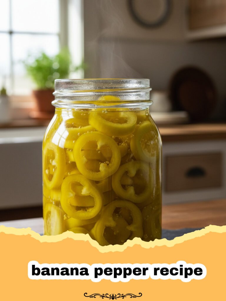banana pepper recipe - Close-up of vibrant yellow pickled banana pepper rings in a glass jar, with fresh banana peppers in the background.