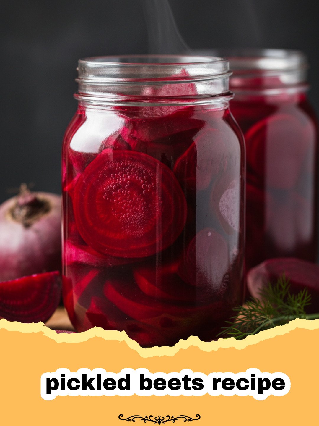 pickled beets recipe - Two glass jars filled with vibrant red pickled beets, garnished with a bay leaf, on a wooden surface.