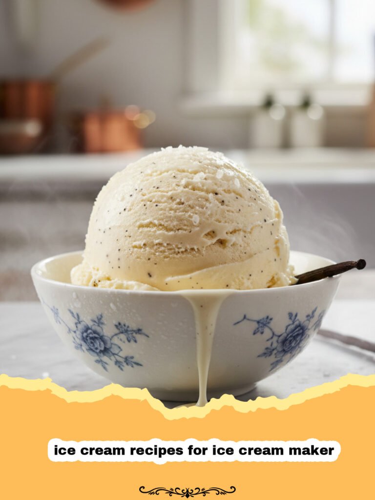The Ultimate Homemade Vanilla Bean Ice Cream for Your Ice Cream Maker 5 ice cream recipes for ice cream maker - A close-up of creamy homemade vanilla bean ice cream in a bowl, with a scoop ready to serve, surrounded by vanilla beans.