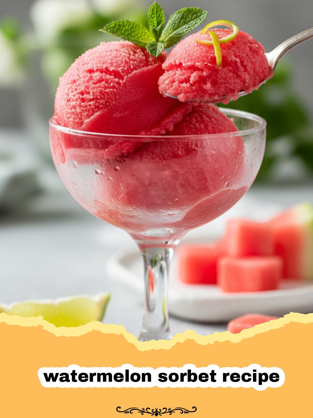 watermelon sorbet recipe - Close-up of vibrant pink watermelon sorbet in a glass bowl with a spoon, garnished with fresh mint, sitting on a wooden table with fresh watermelon slices in the background.