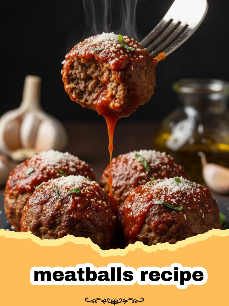 The Ultimate Homestyle Meatballs Recipe: Comfort in Every Bite 5 meatballs recipe - Close-up of tender, homestyle meatballs simmering in a rich tomato marinara sauce, garnished with fresh basil.