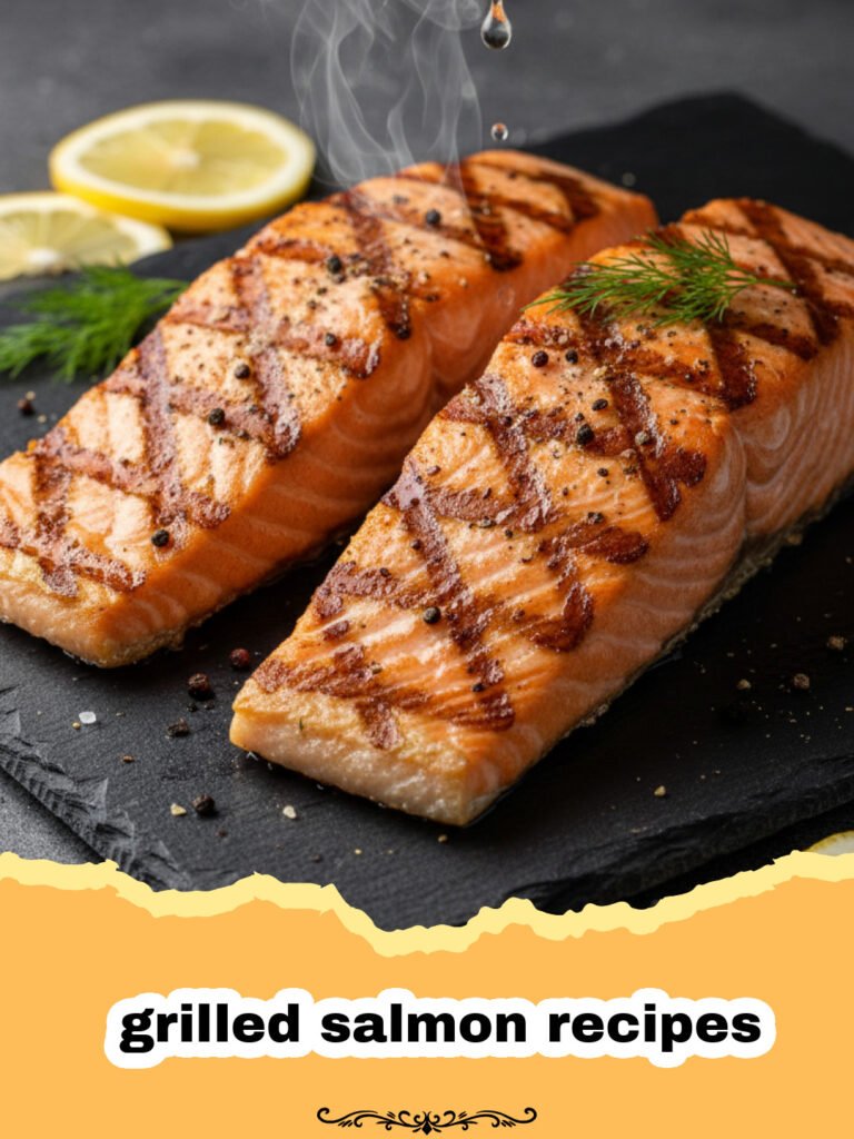 grilled salmon recipes - Perfectly grilled lemon herb salmon fillet with crispy skin, garnished with fresh dill and lemon slices.