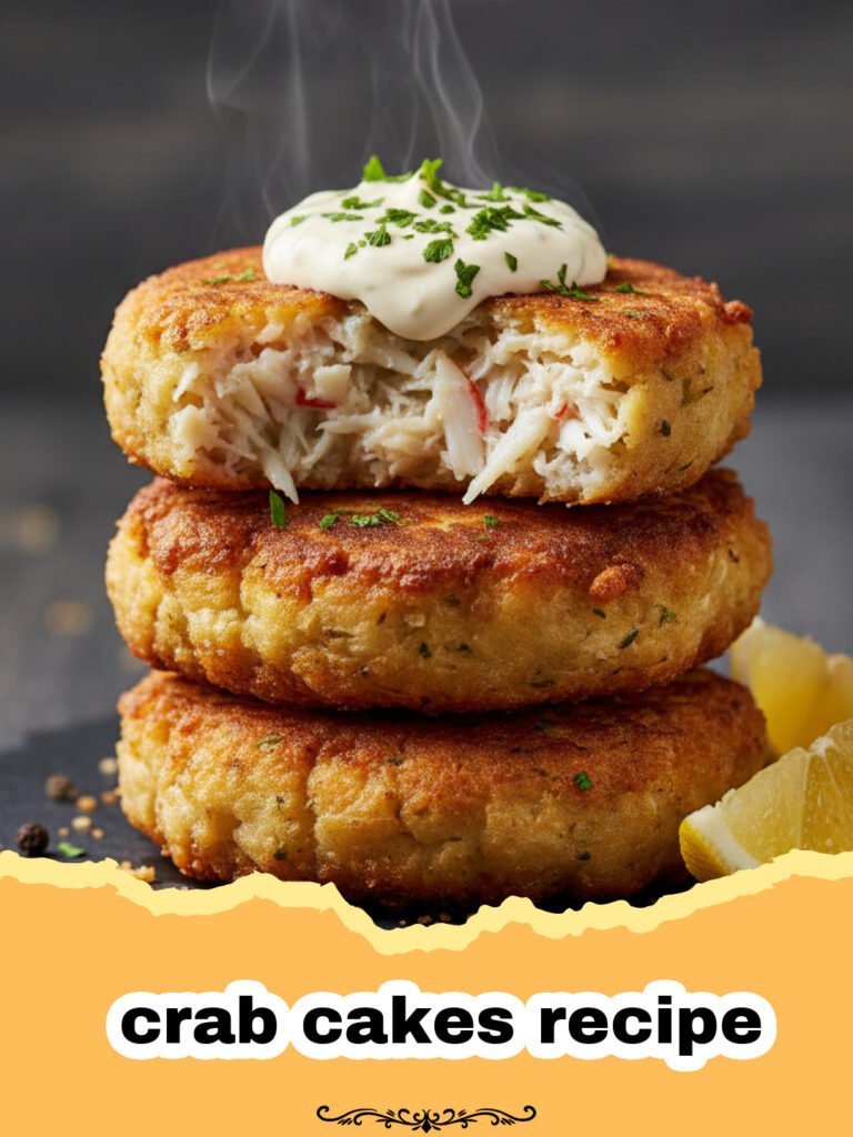 crab cakes recipe - Golden-brown Maryland crab cakes served with lemon wedges and homemade tartar sauce on a white plate.