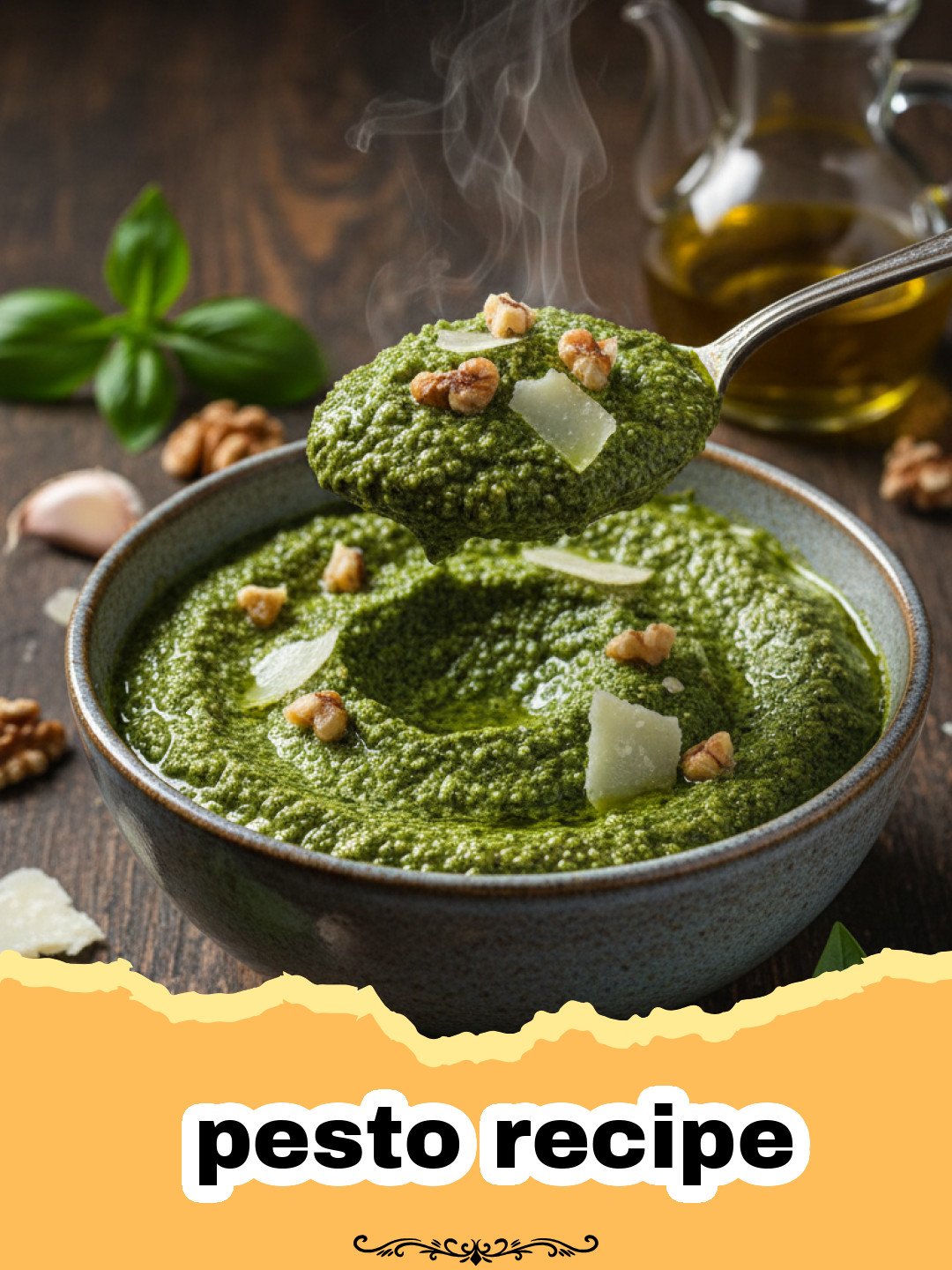 pesto recipe - A jar of vibrant green homemade basil pesto surrounded by fresh basil leaves and pine nuts.