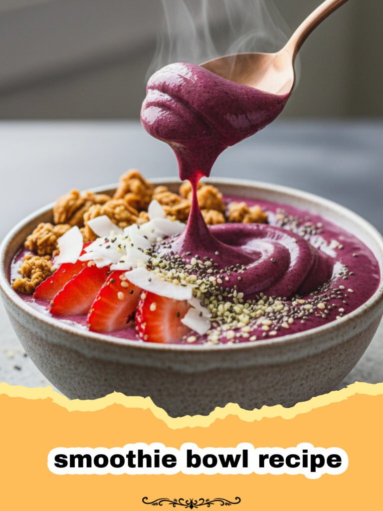 smoothie bowl recipe - A vibrant, colorful berry smoothie bowl topped with fresh fruit, granola, and chia seeds, ready to be enjoyed.