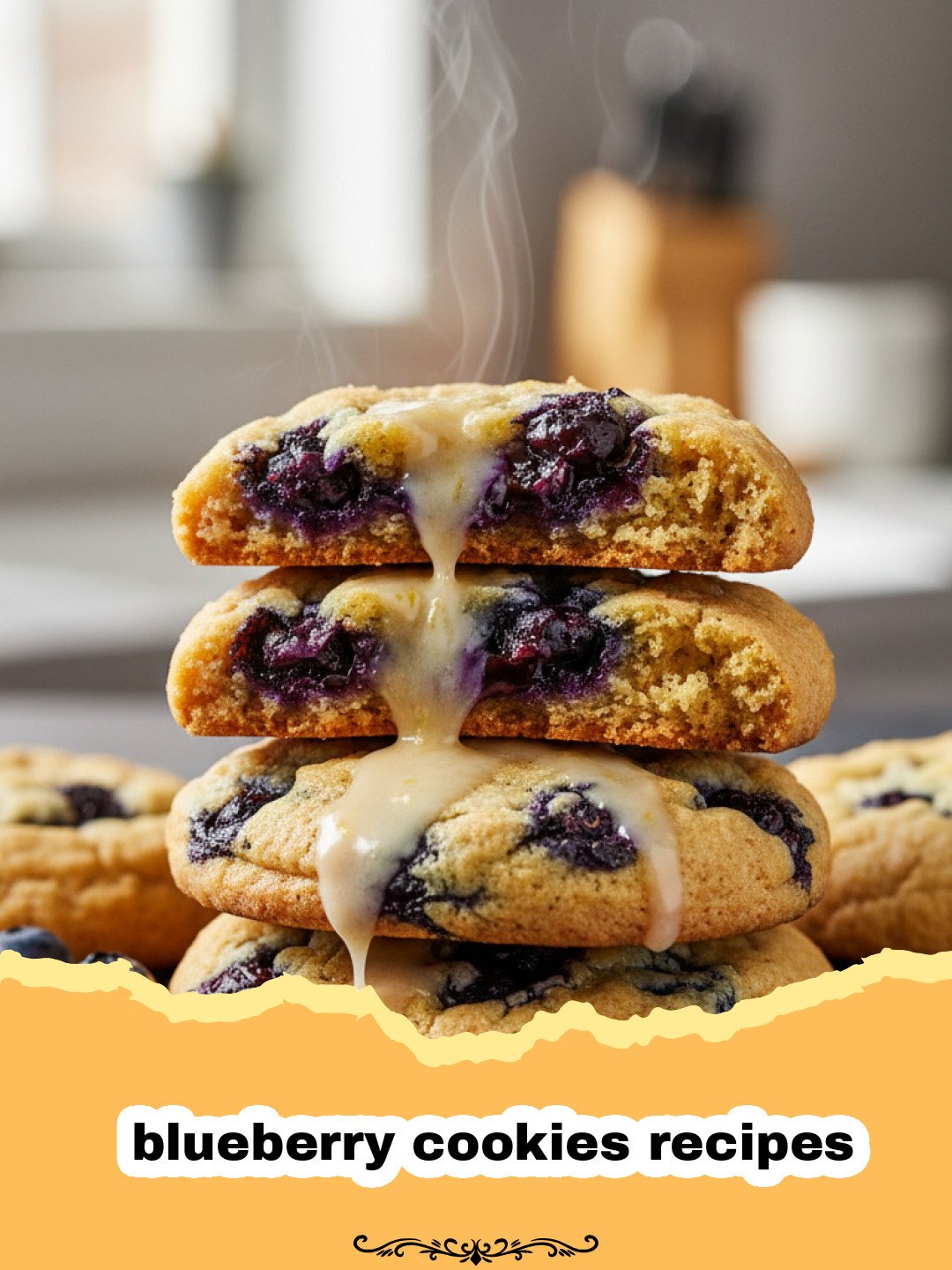 Soft and Chewy Blueberry Cookies with Fresh Lemon Zest 3 blueberry cookies recipes - A stack of golden brown cookies with visible purple blueberries and lemon zest flecks.