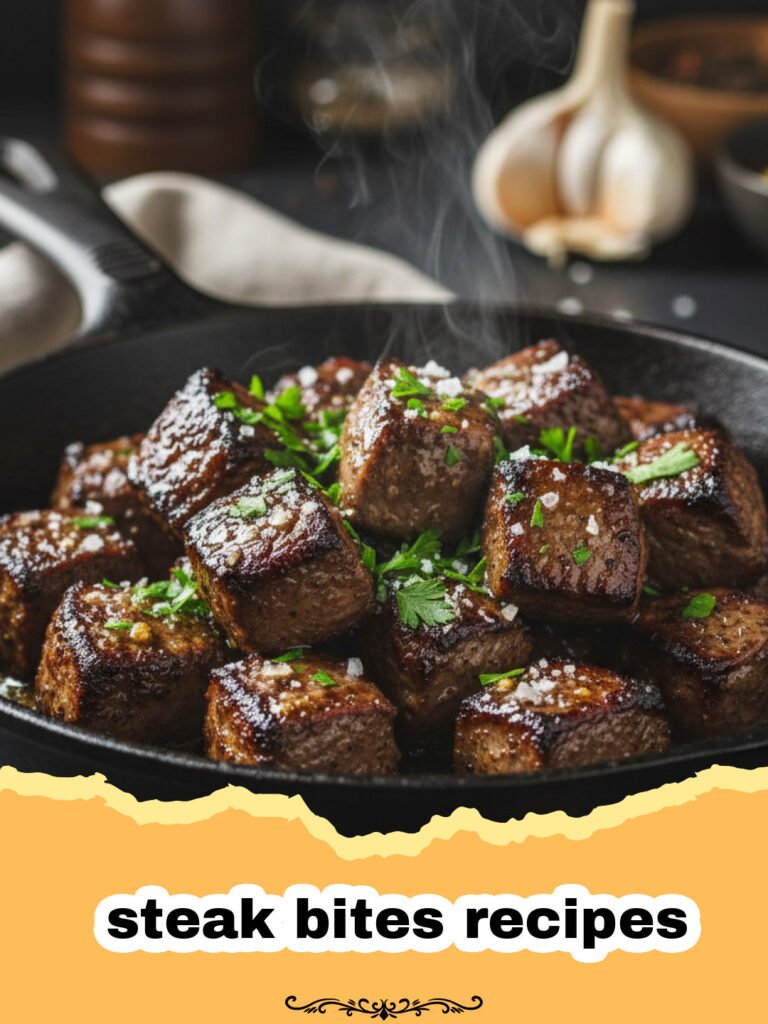 steak bites recipes - A close-up of golden brown garlic butter steak bites in a cast iron skillet with fresh herbs.