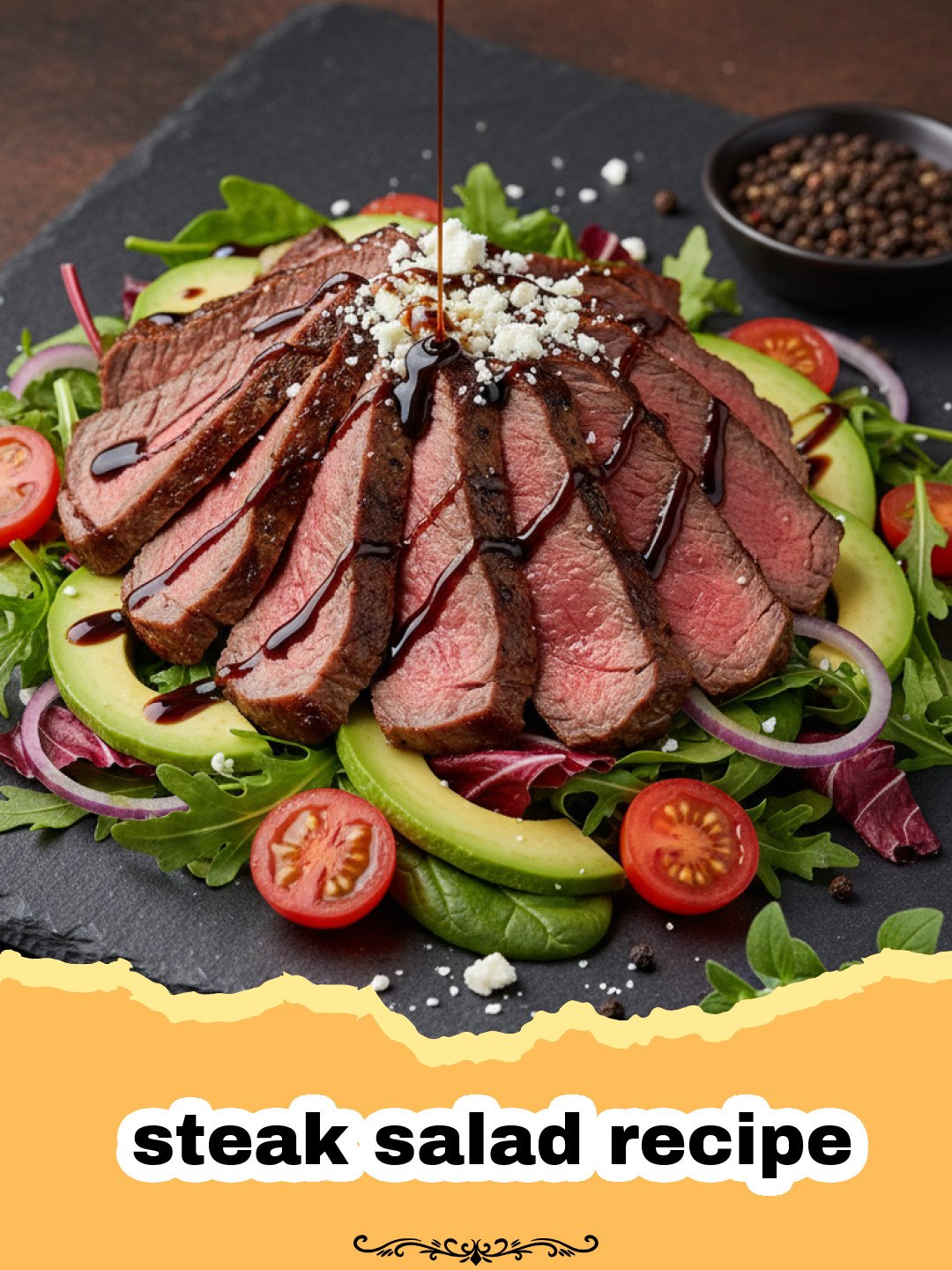 steak salad recipe - Close-up of a vibrant steak salad with seared beef, mixed greens, tomatoes, feta, and walnuts, drizzled with balsamic dressing.