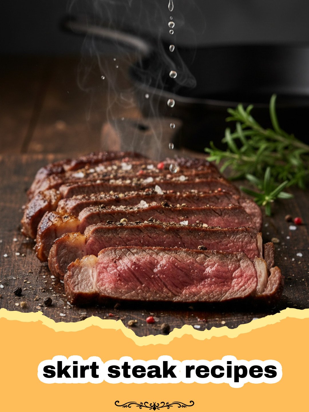 skirt steak recipes - Close-up of perfectly grilled skirt steak, sliced against the grain, with a vibrant marinade and fresh herbs.