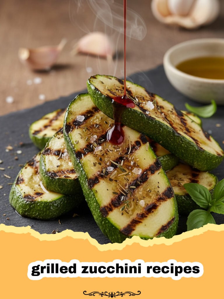 The Ultimate Grilled Zucchini: Perfectly Tender & Flavorful Every Time 5 grilled zucchini recipes - Close-up of perfectly grilled zucchini slices with char marks, garnished with fresh herbs on a white platter.