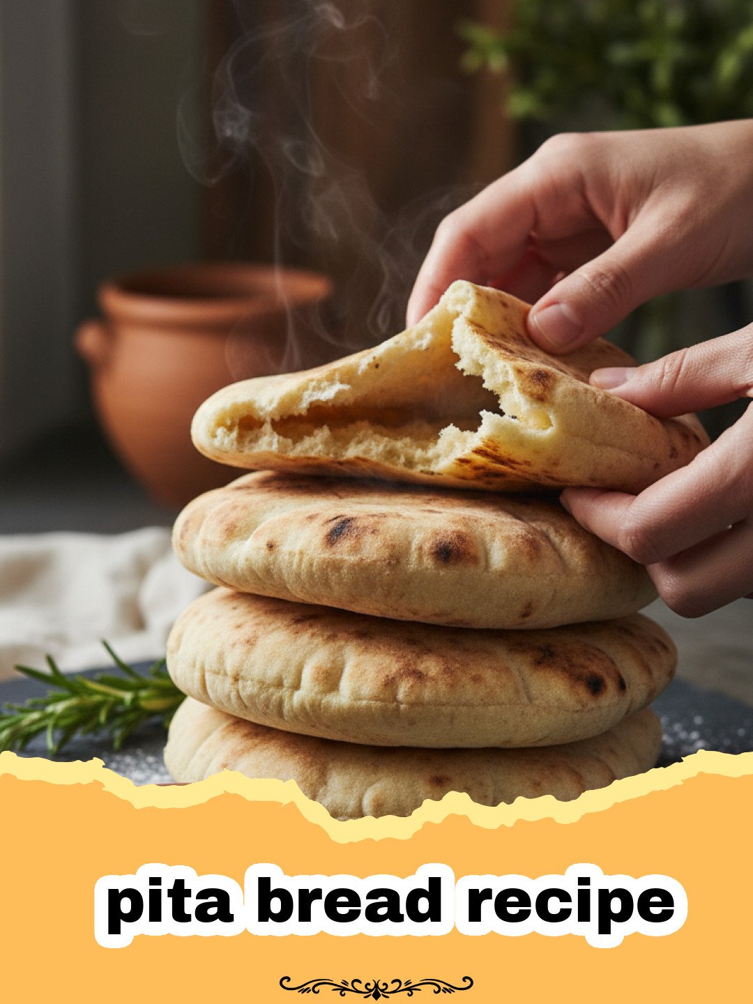 pita bread recipe - A stack of freshly baked, golden brown, fluffy homemade pita bread with visible pockets on a rustic wooden board, garnished with fresh herbs.