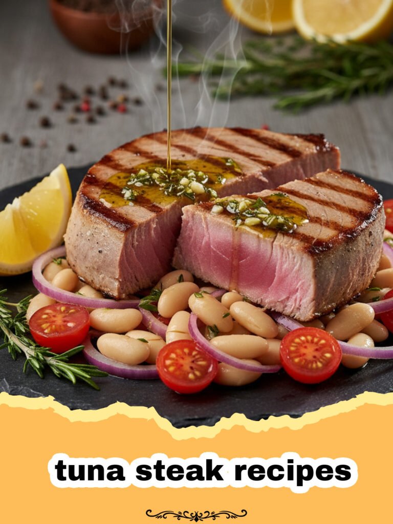 The Ultimate Pan-Seared Garlic Butter Tuna Steak 5 tuna steak recipes - Two pan-seared tuna steaks with a pink center, garnished with lemon slices and parsley on a dark plate.