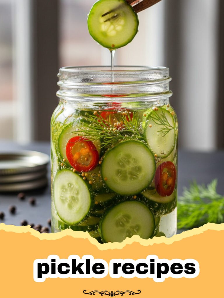 pickle recipes - Close-up of vibrant green quick dill pickle spears packed in a clear glass jar with fresh dill and garlic cloves, ready to be refrigerated.