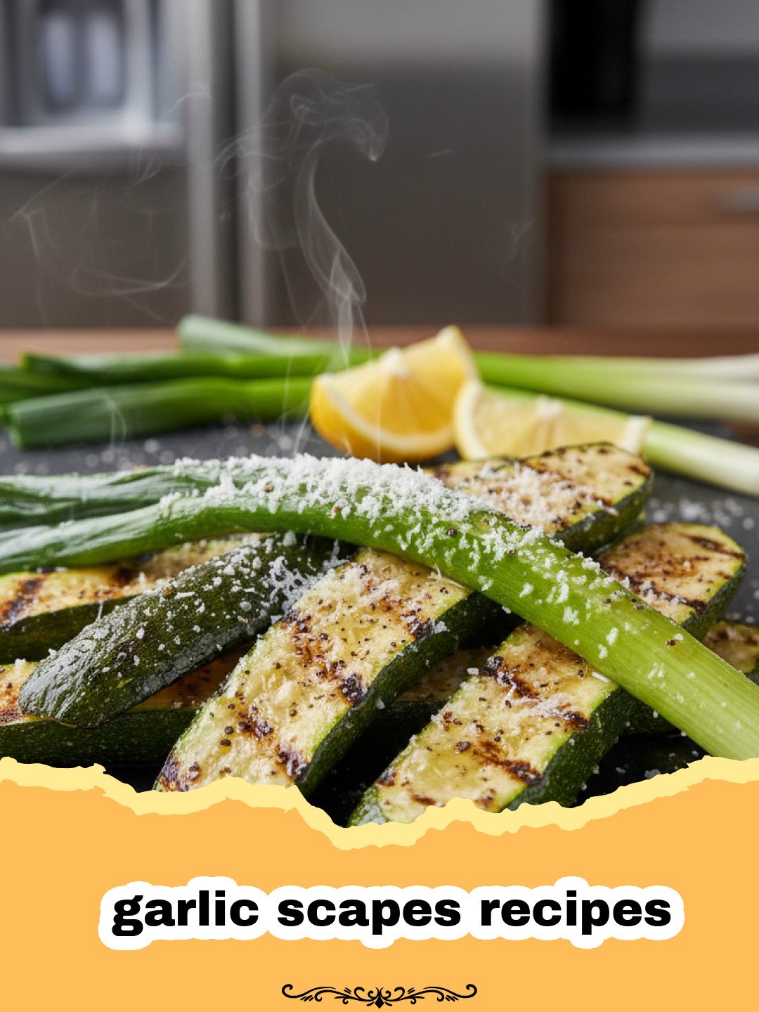 The Ultimate Roasted Garlic Scapes with Lemon & Parmesan: A Springtime Delight 3 garlic scapes recipes - Close-up of perfectly roasted garlic scapes with lemon zest and parmesan cheese on a white plate.