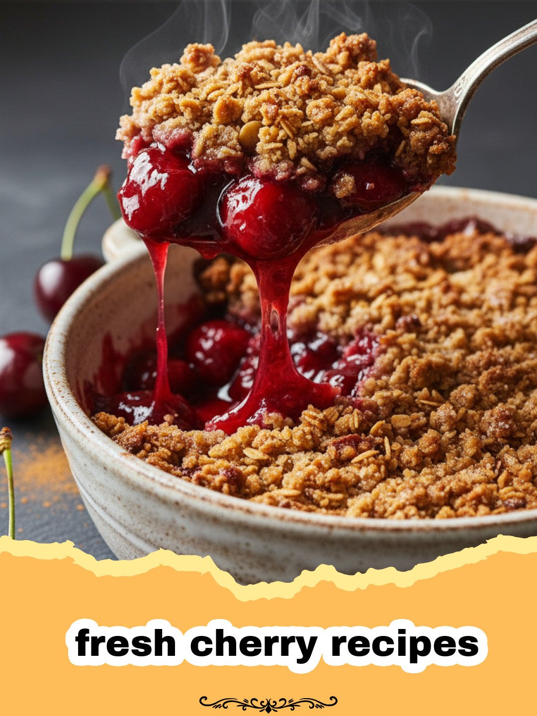 Rustic Fresh Cherry Almond Crumble: The Ultimate Summer Dessert 3 fresh cherry recipes - A rustic fresh cherry almond crumble served with a scoop of vanilla ice cream on a white plate.