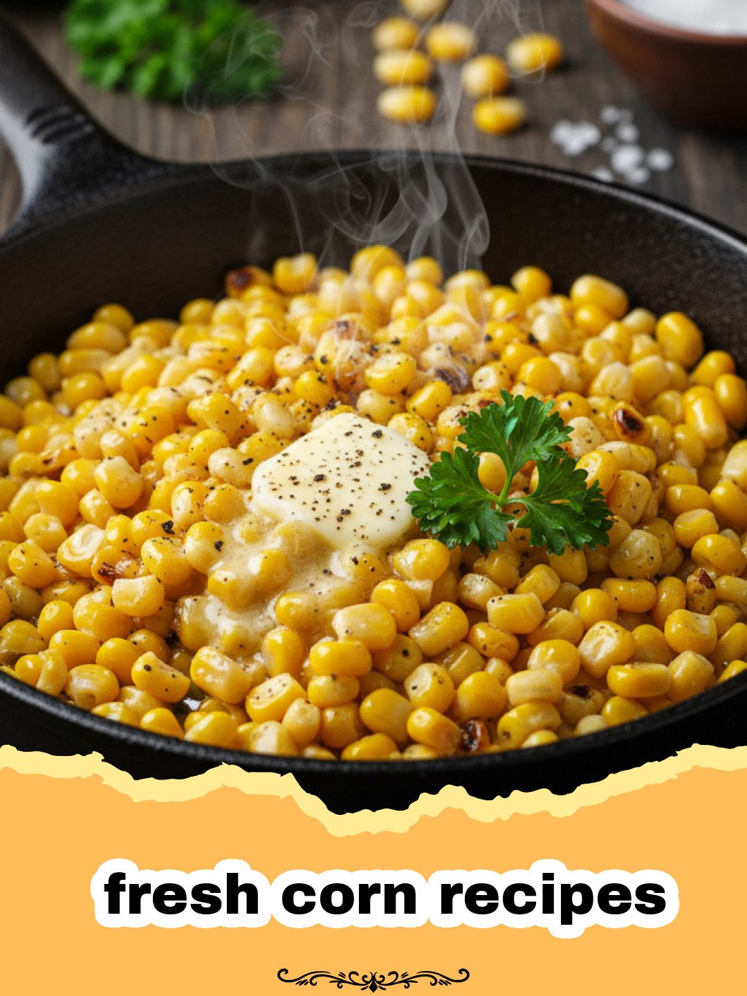 Sunshine on a Plate: The Best Skillet Fresh Corn with Herbs 3 fresh corn recipes - Close-up of golden skillet fresh corn with green herbs in a cast iron pan