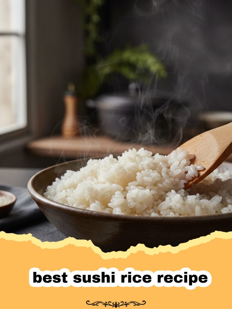 best sushi rice recipe - A close-up of perfectly prepared shiny sushi rice in a wooden hangiri bowl, ready for sushi making.
