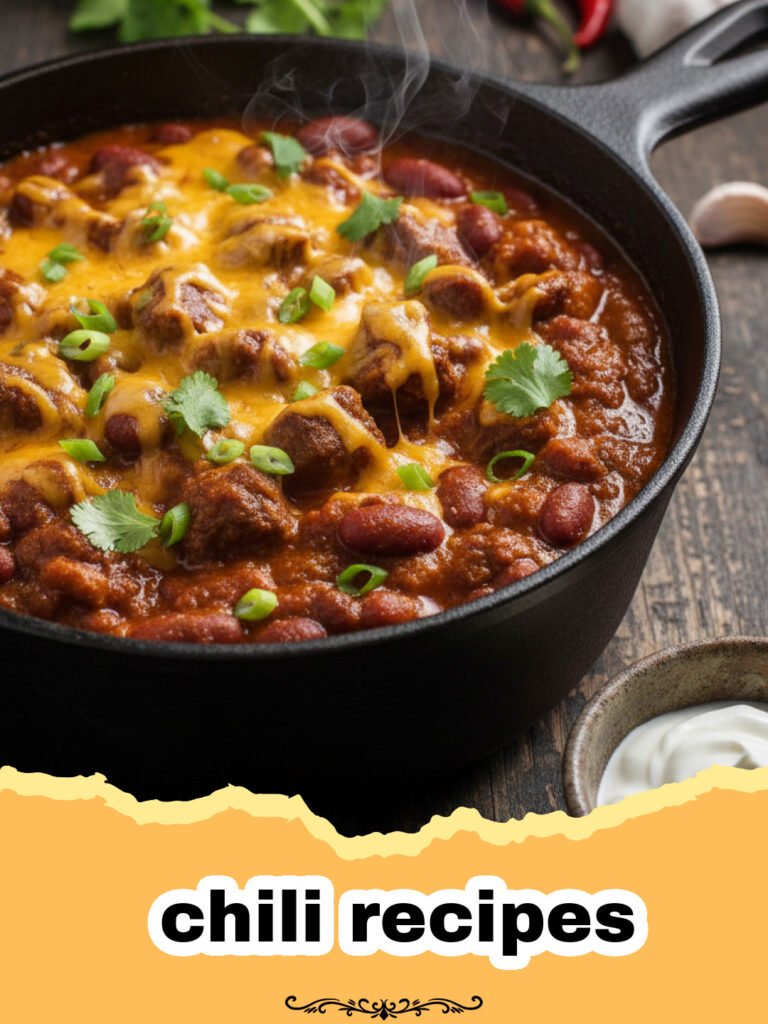chili recipes - A steaming bowl of hearty beef and bean chili, garnished with shredded cheese, sour cream, and fresh cilantro.