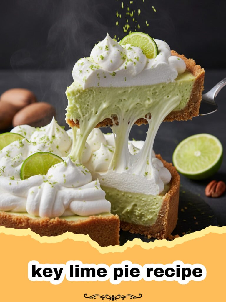 key lime pie recipe - A perfectly sliced, creamy Key Lime Pie with a graham cracker crust and whipped cream garnish, ready to be served.