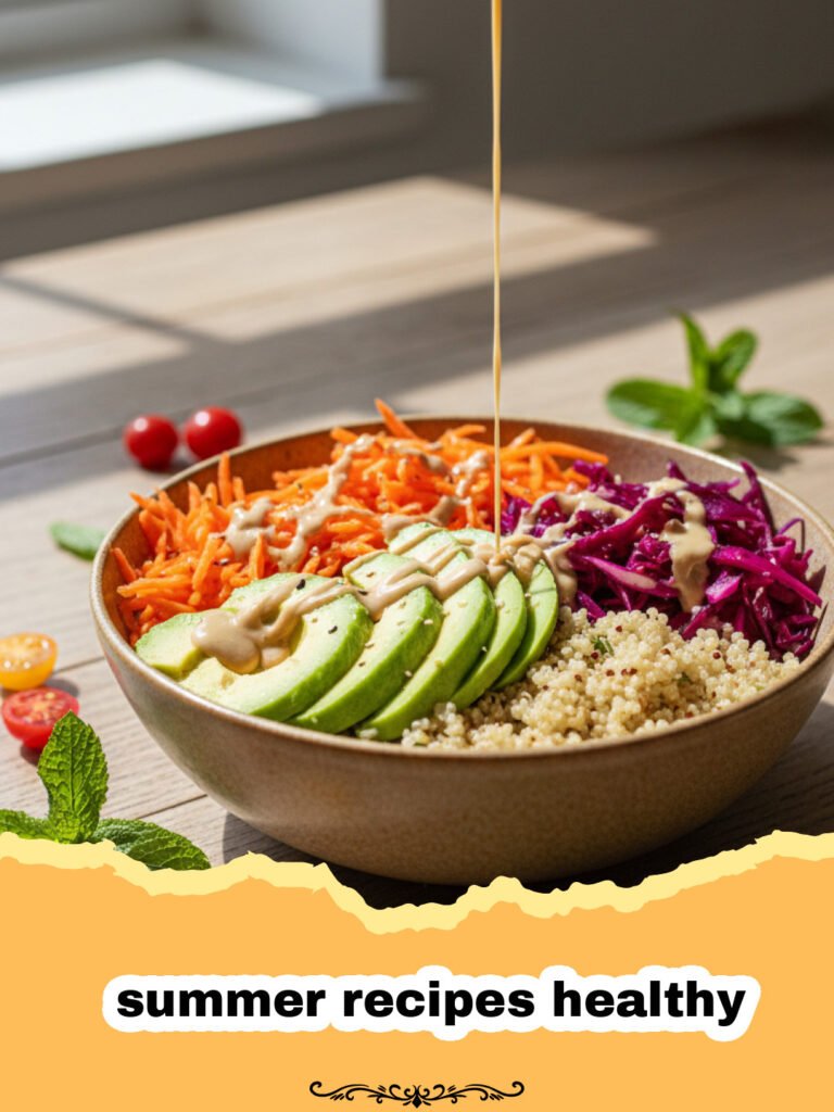 summer recipes healthy - A vibrant Mediterranean Quinoa Salad with grilled chicken, fresh vegetables, feta, and olives in a large white bowl with a wooden spoon.