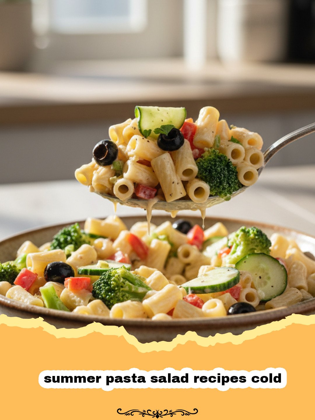 A vibrant bowl of Mediterranean summer pasta salad recipes cold featuring rotini, tomatoes, and feta.