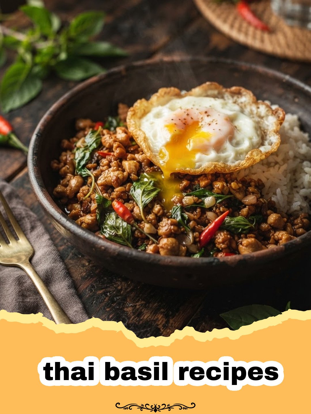thai basil recipes - Authentic Thai Basil Chicken (Pad Krapow Gai) served with jasmine rice and a fried egg, garnished with fresh basil.