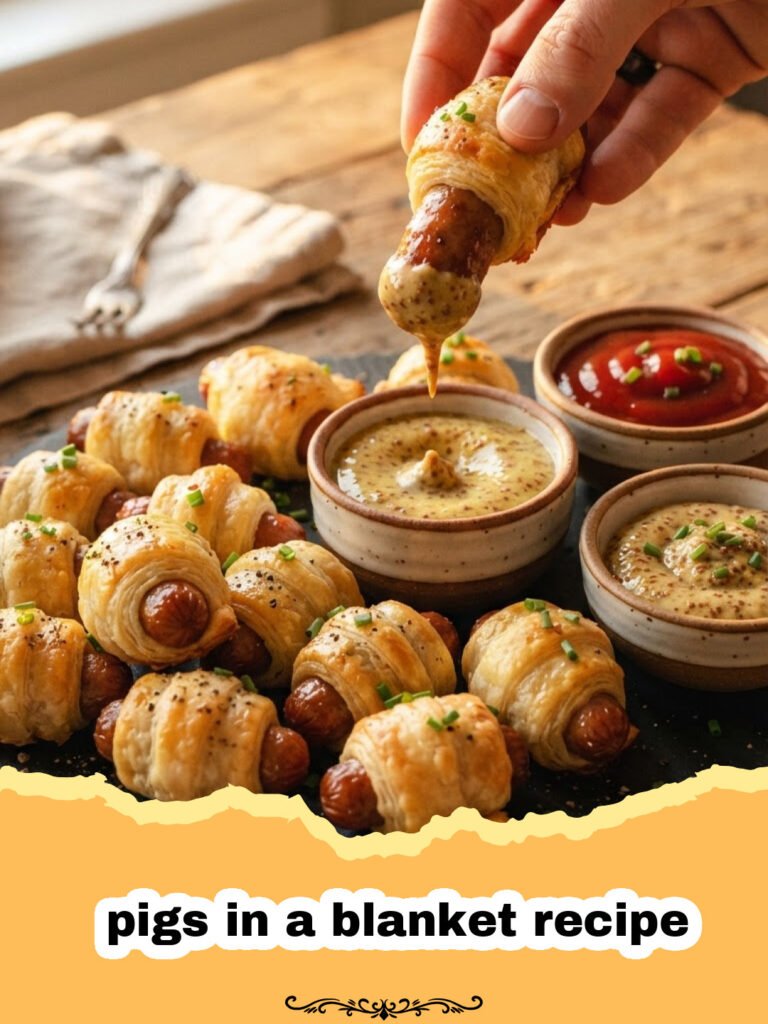 pigs in a blanket recipe - Close-up of golden brown classic pigs in a blanket, freshly baked on a baking sheet, with some dipping sauces in the background.