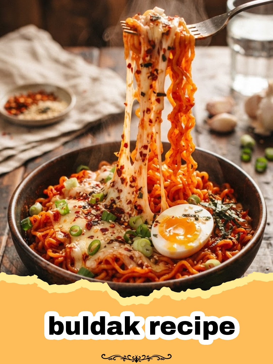 buldak recipe - Close-up of Fiery Buldak Chicken with melted mozzarella cheese, garnished with green onions and sesame seeds, in a cast iron skillet.