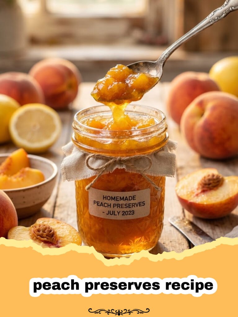 peach preserves recipe - Close-up of golden homemade peach preserves in a glass jar, with fresh peaches and a spoon in the background.