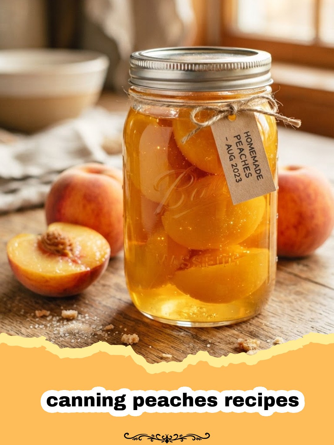 canning peaches recipes - Several glass jars filled with perfectly preserved peach halves in light syrup, glistening under soft light, with a few fresh peaches in the background.