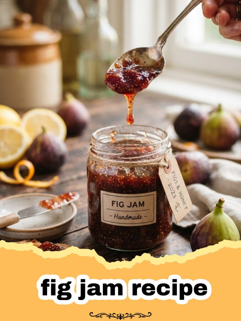 fig jam recipe - Close-up of vibrant homemade fig jam in a clear glass jar with fresh figs and a spoon in the background.