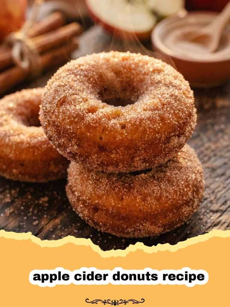 apple cider donuts recipe - Baked Apple Cider Donuts coated in cinnamon sugar on a cooling rack with fresh apples in the background