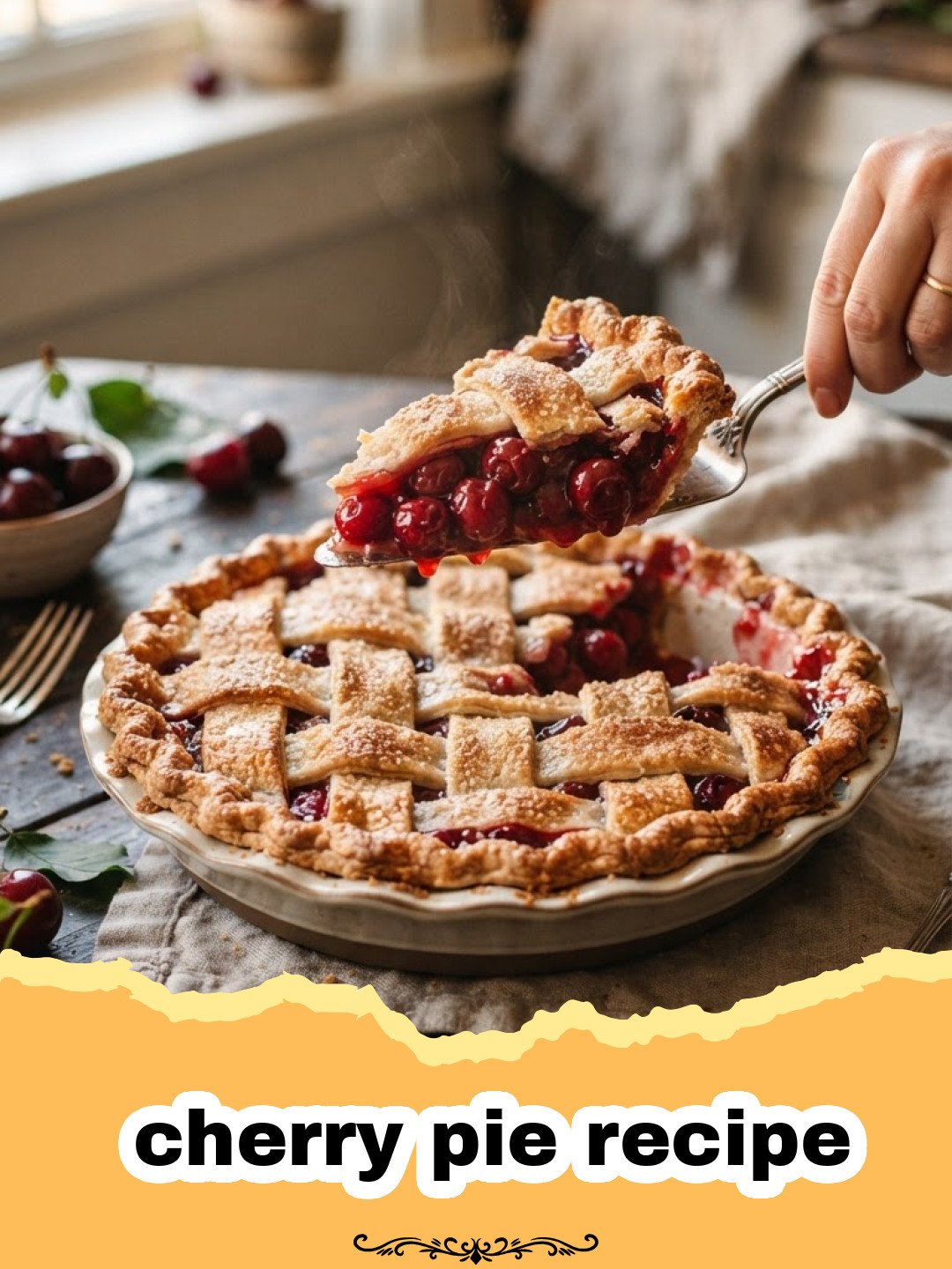 The Ultimate Classic Cherry Pie Recipe: A Sweet Taste of Summer! 3 cherry pie recipe - A slice of homemade classic cherry pie with a flaky lattice crust and bubbly red filling, served with a scoop of vanilla ice cream.
