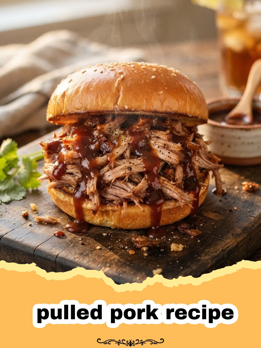 pulled pork recipe - A close-up of tender shredded pulled pork on a wooden board.