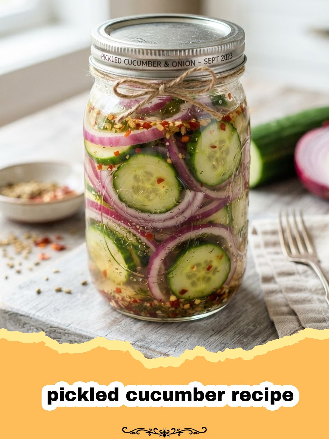 pickled cucumber recipe - A jar of freshly made pickled cucumber slices, bright green and tangy, ready for snacking.