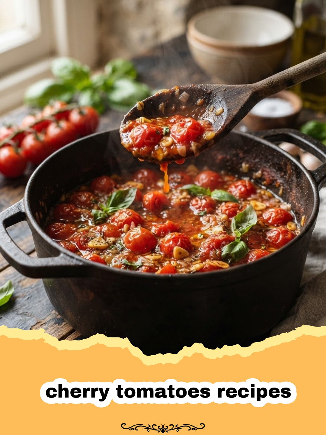 The Ultimate Slow-Roasted Garlic and Herb Cherry Tomatoes 3 cherry tomatoes recipes - A baking sheet filled with vibrant, slow-roasted cherry tomatoes, garlic cloves, and fresh thyme sprigs in a pool of golden olive oil.
