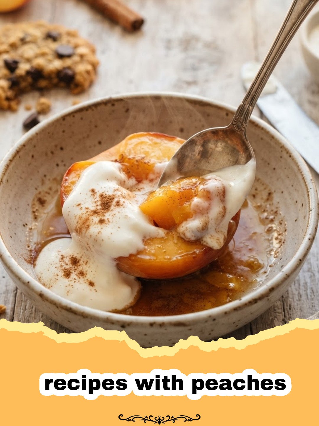 recipes with peaches - Close-up of a golden brown Peach French Toast Bake topped with powdered sugar and fresh peach slices, served in a white baking dish.