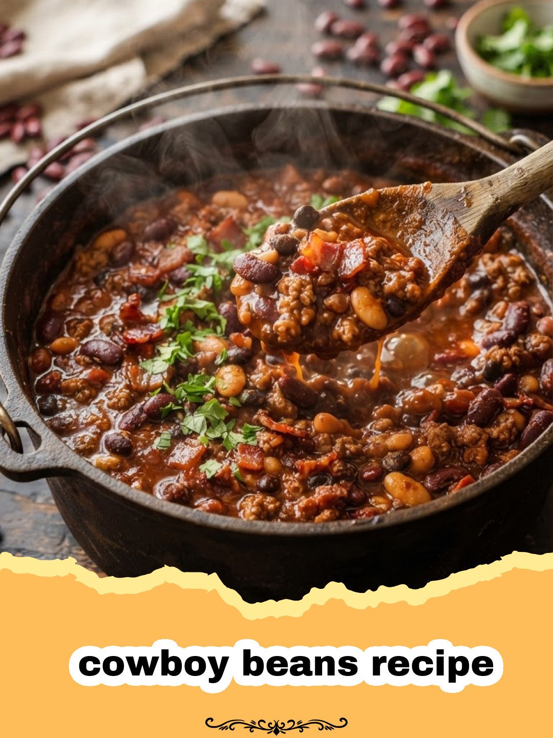 cowboy beans recipe - A rustic bowl of hearty cowboy beans with bacon, served with cornbread.