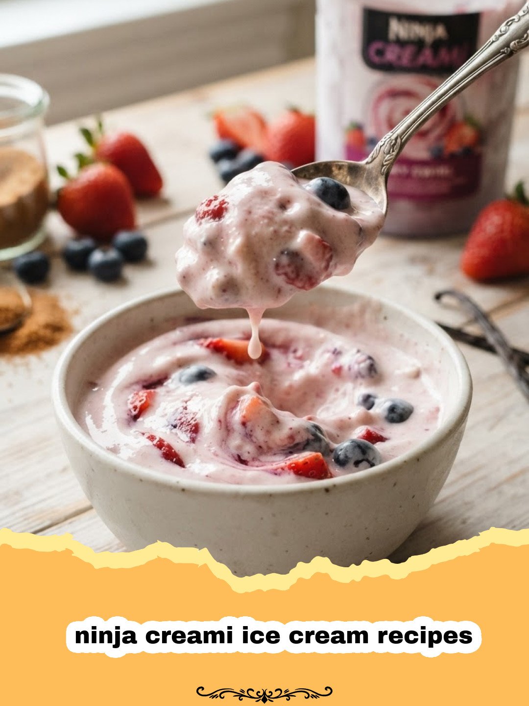 The Ultimate Guide to Smooth & Creamy Ninja Creami Ice Cream Recipes 3 ninja creami ice cream recipes - A perfectly scooped bowl of creamy homemade vanilla ice cream made with a Ninja Creami, topped with a fresh vanilla bean.