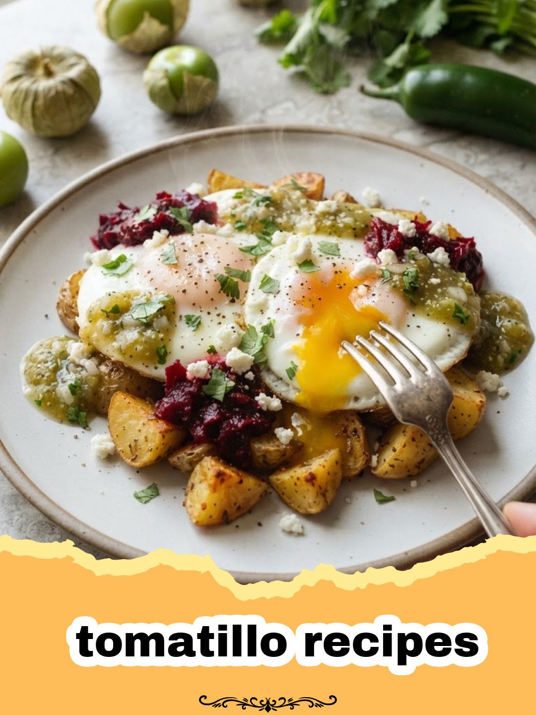 tomatillo recipes - Close-up of vibrant Huevos Rancheros with bright green tomatillo salsa, fried eggs, avocado, and cotija cheese on a plate.