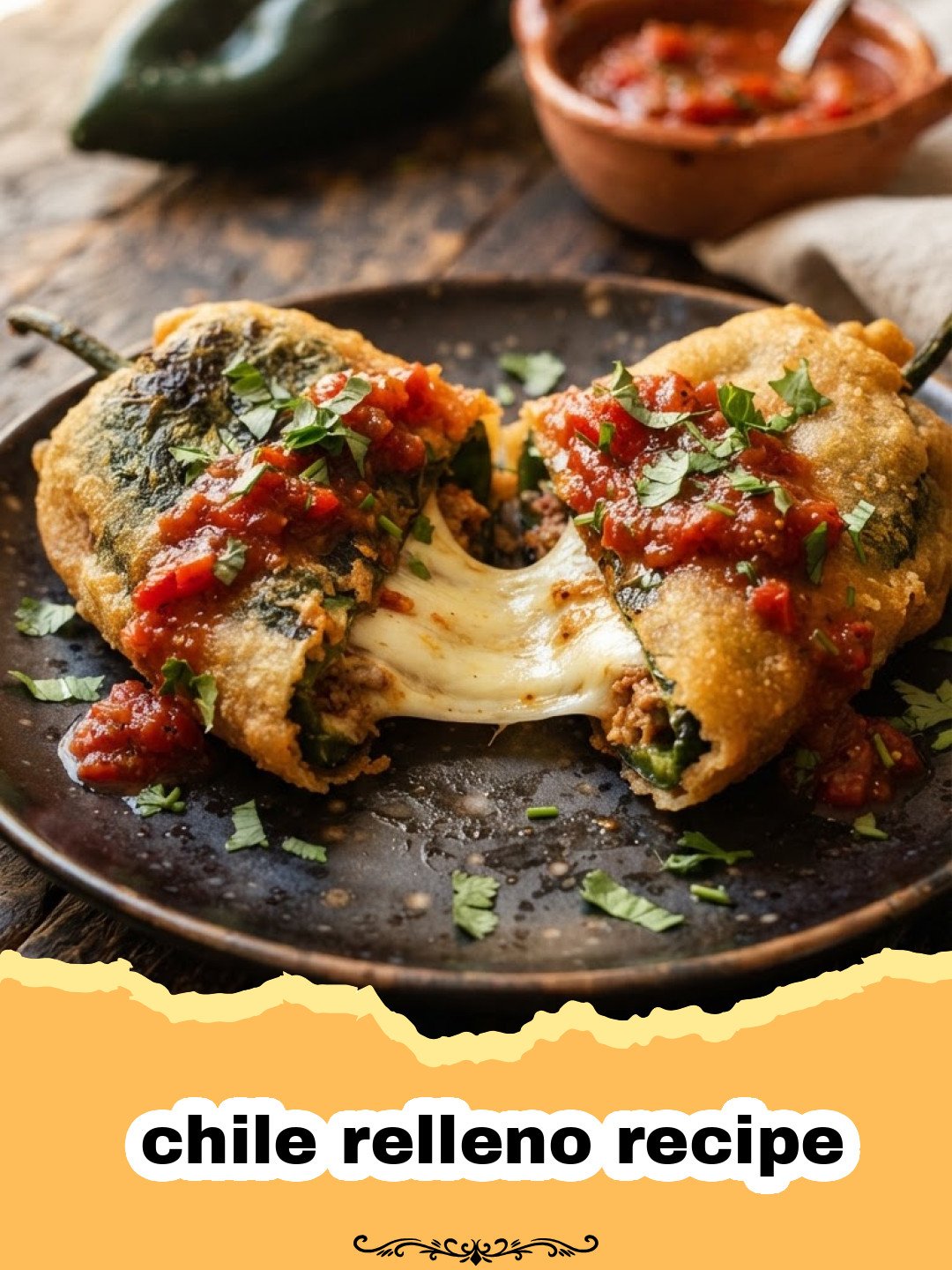 chile relleno recipe - Golden-brown classic chile relleno on a plate with salsa