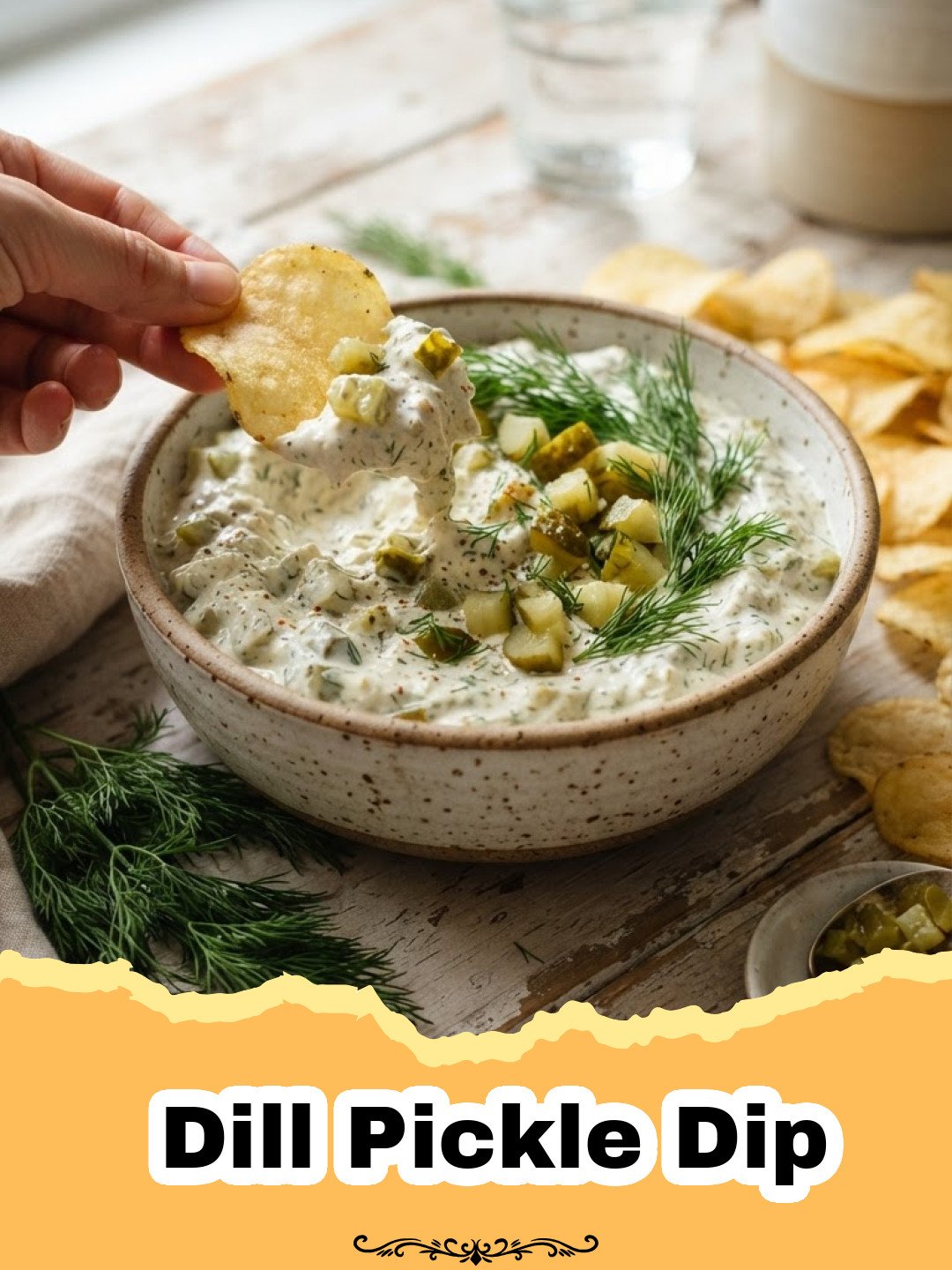 The Ultimate Creamy & Tangy Dill Pickle Dip Recipe 3 Dill Pickle Dip - A creamy dill pickle dip in a white bowl, garnished with fresh dill and pickle slices, surrounded by various dippers like chips and carrots.