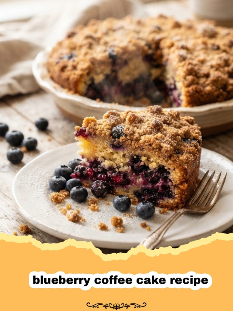 blueberry coffee cake recipe - Close-up of a slice of blueberry coffee cake with streusel topping and juicy blueberries